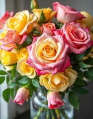 A vibrant bouquet of pink and yellow roses in a clear glass vase, showcasing their delicate petals and lush foliage, arrangement, elegant, bloom