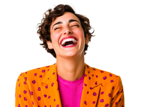 Woman laughs, short hair, wearing a floral blazer, happiness, joy, cut out transparent