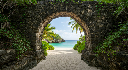 Obraz premium Enchanting stone archway framing a pristine beach paradise with azure waters