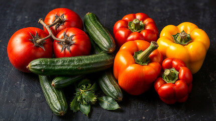 A vibrant harvest of juicy tomatoes, crisp cucumbers, and colorful bell peppers, bathed in dramatic dark lighting.