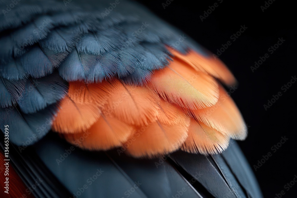 Poster detailed close up of a bird's feathers displaying blue and orange hues with intricate textures again