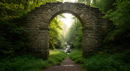 Enchanting stone archway leading to a verdant valley with flowing stream