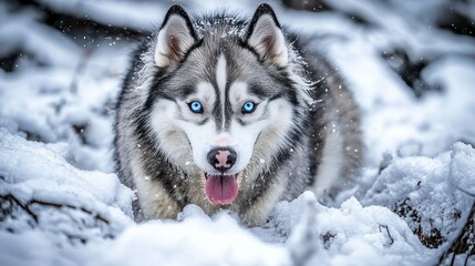 Naklejka premium Husky dog playing in snowy forest winter wildlife photography outdoor adventure close-up nature exploration