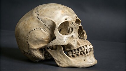 A detailed human skull profile view showcasing intricate bone structure aged texture and subtle light and shadow play against a dark background offering a captivating study of human anatomy
