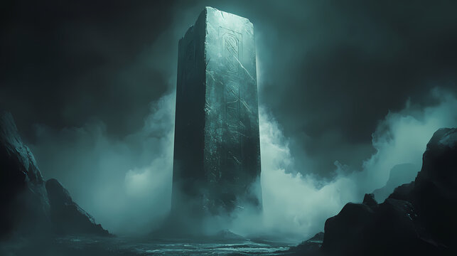 A mysterious floating monolith radiating a soft celestial glow, surrounded by swirling mist, cryptic symbols shifting on its surface, an aura of ancient power. Celestial Mist. Illustration