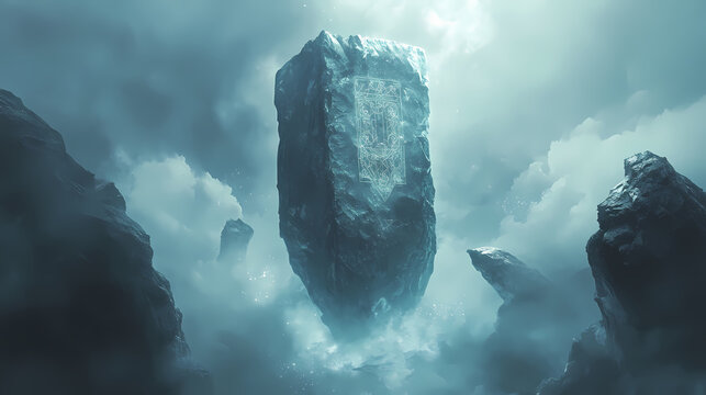 A mysterious floating monolith radiating a soft celestial glow, surrounded by swirling mist, cryptic symbols shifting on its surface, an aura of ancient power. Celestial Mist. Illustration