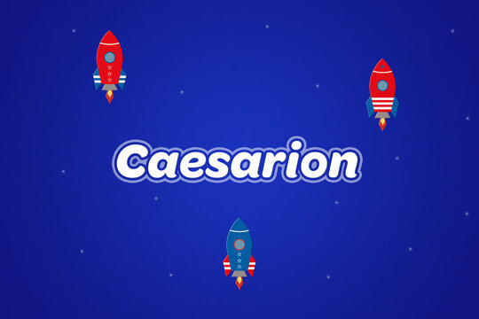 Caesarion male boy name illustration in blue with rockets.