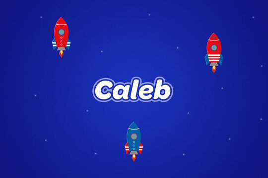 Caleb male boy name illustration in blue with rockets.