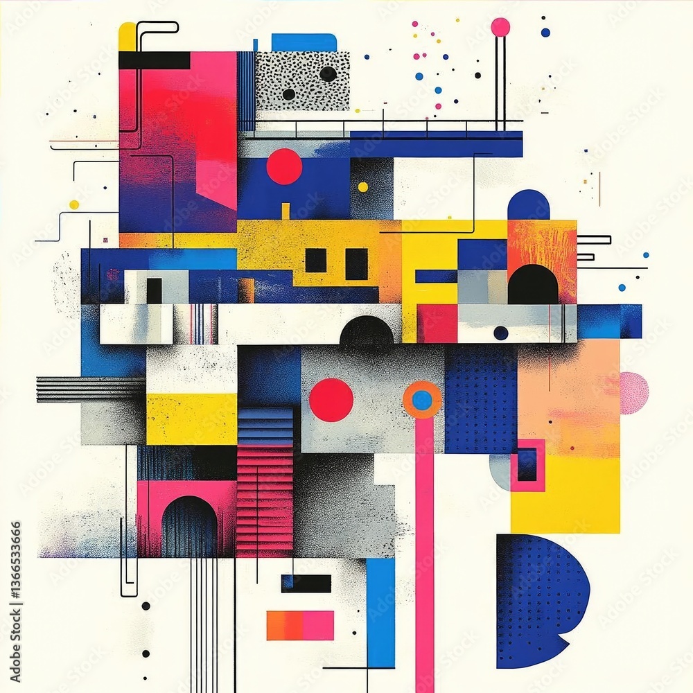 Poster abstract geometric composition featuring vibrant colors and shapes with layered patterns