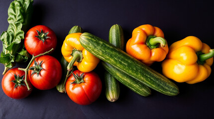 A vibrant harvest of ripe tomatoes, crisp cucumbers, and sunny bell peppers bursting with fresh flavors and healthy goodness against a dark background.