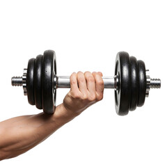 Fototapeta premium Muscular arm holding a dumbbell on a transparent background.