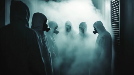 Fototapeta premium A group of cloaked figures wearing gas masks stands in a surreal, foggy environment, evoking mystery and tension, symbolizing fear, anxiety, and the unknown consequences of crisis.