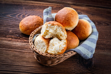 Freshly baked milk rolls offered as close-up in a basket