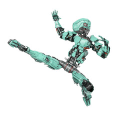 robot soldier is doing a kung fu side kick jump