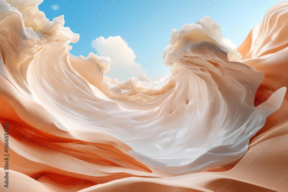 Poster Abstract Digital Art Depicting Wave Structures With Creamy Textures Against A Light Blue Sky With Fluffy Clouds
