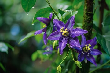 Passionflower Vine Vulnerable Butterflys Lifeline Show vibrant purple Passionflower Passiflora growing along rainforest trellis intricate tendril supporting caterpillar of endangered Julia Heliconian