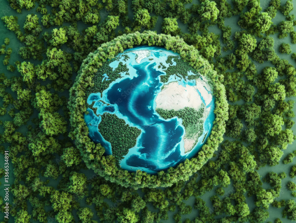 Wall mural planet earth on a green background. green continents made from the crown of a tree. clear azure wate