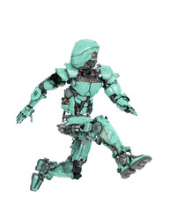 robot soldier is running and looking back