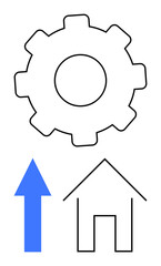 Gear symbolizing process, blue arrow pointing upwards for progress, house for domestic focus. Ideal for development, innovation, real estate, home improvement, productivity growth change. Flat