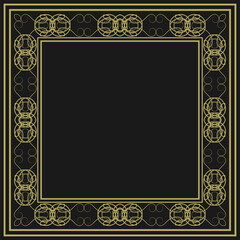 Golden square vintage frame on black background. Graceful arabesques and border. Version 10. Vector illustration