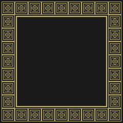 Golden square vintage frame on black background. Graceful arabesques and border. Version 9. Vector illustration