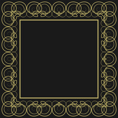 Golden square vintage frame on black background. Graceful arabesques and border. Vector illustration