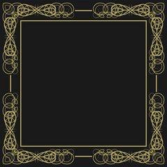 Golden square vintage frame on black background. Graceful arabesques and border. Version 2. Vector illustration