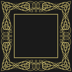 Golden square vintage frame on black background. Graceful arabesques and border. Version 3. Vector illustration