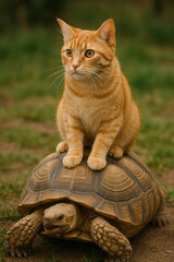 Ginger Cat Sitting on Tortoise