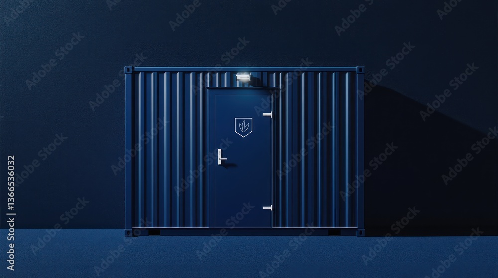 Poster secure storage solution blue container with emblem and door in minimalist setting