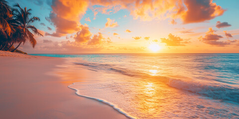 Beach at sunset with turquoise water and palm trees