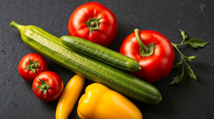 A vibrant still life showcasing the summer's bounty: plump tomatoes, a crisp cucumber, and a refreshing yellow pepper, all resting on a dark background.