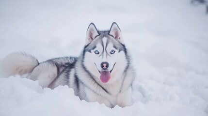Naklejka premium Siberian husky playing in snowy landscape winter wonderland animal photography outdoor adventure close-up view joyful experience