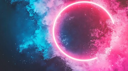Obraz premium A glowing neon circle surrounded by colorful cosmic textures