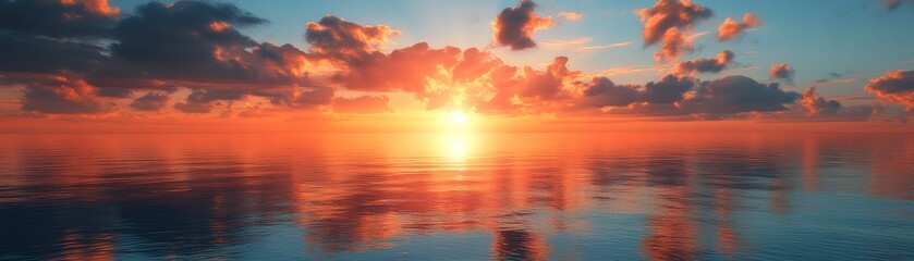 Obraz premium The breathtaking moment the sun sets over the tranquil sea, creating a beautiful scenery reflection. The sky is painted with warm colors and soft clouds