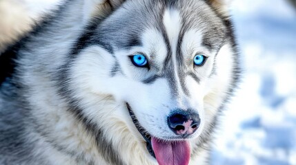 Obraz premium Playful siberian husky in a snowy landscape animal photography winter wonderland close-up perspective