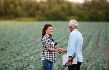 Two farmers maaking deal on cabbage field