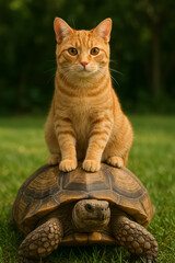 Cat Sitting on Tortoise in Garden