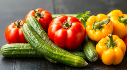 A vibrant summer harvest of juicy tomatoes, crisp cucumbers, and sunny yellow bell peppers, bathed in warm, natural light on a dark wooden surface.