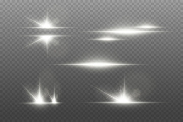 Set of glowing light effects, magical flash of light and sparkles of stars. On a transparent background.
