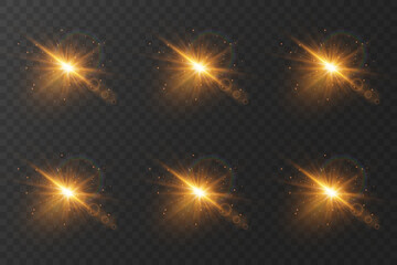 Naklejka premium Set of glowing light effects, magical flash of light and sparkles of stars. On a transparent background.