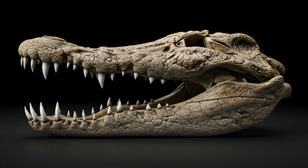 Obraz premium Dramatic Crocodile Skull Specimen with Exposed Teeth on a Deep Black Backdrop
