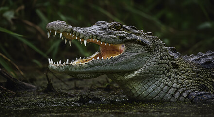 Fototapeta premium Detailed portrait of a crocodile with jaws wide open showcasing its sharp teeth