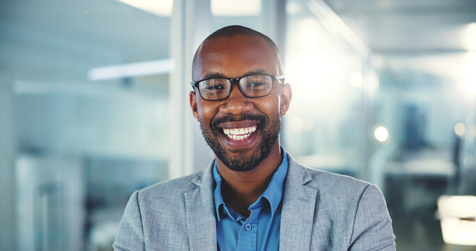 Office, black man and portrait with smile for finance career, corporate project and professional. Happy, male person and accountant with confidence for business growth, about us and accounting firm