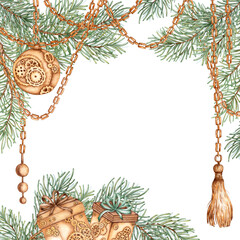 Fototapeta premium Fir branches, chains, pendants, ball and gifts Christmas banner watercolor illustration. New Year Frame, border with winter plants isolated from background. evergreen