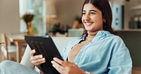 Thinking, tablet and woman in home online for social media app, movie choice or idea for blog....