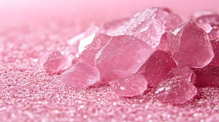 Beautiful pink crystals illuminated on a surface of sparkling glitter