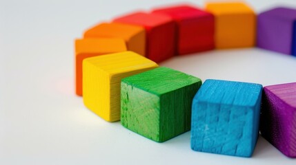 Obraz premium Vibrant colors united in a circle of wooden blocks on a white background, showcasing diversity and unity in a creative way.