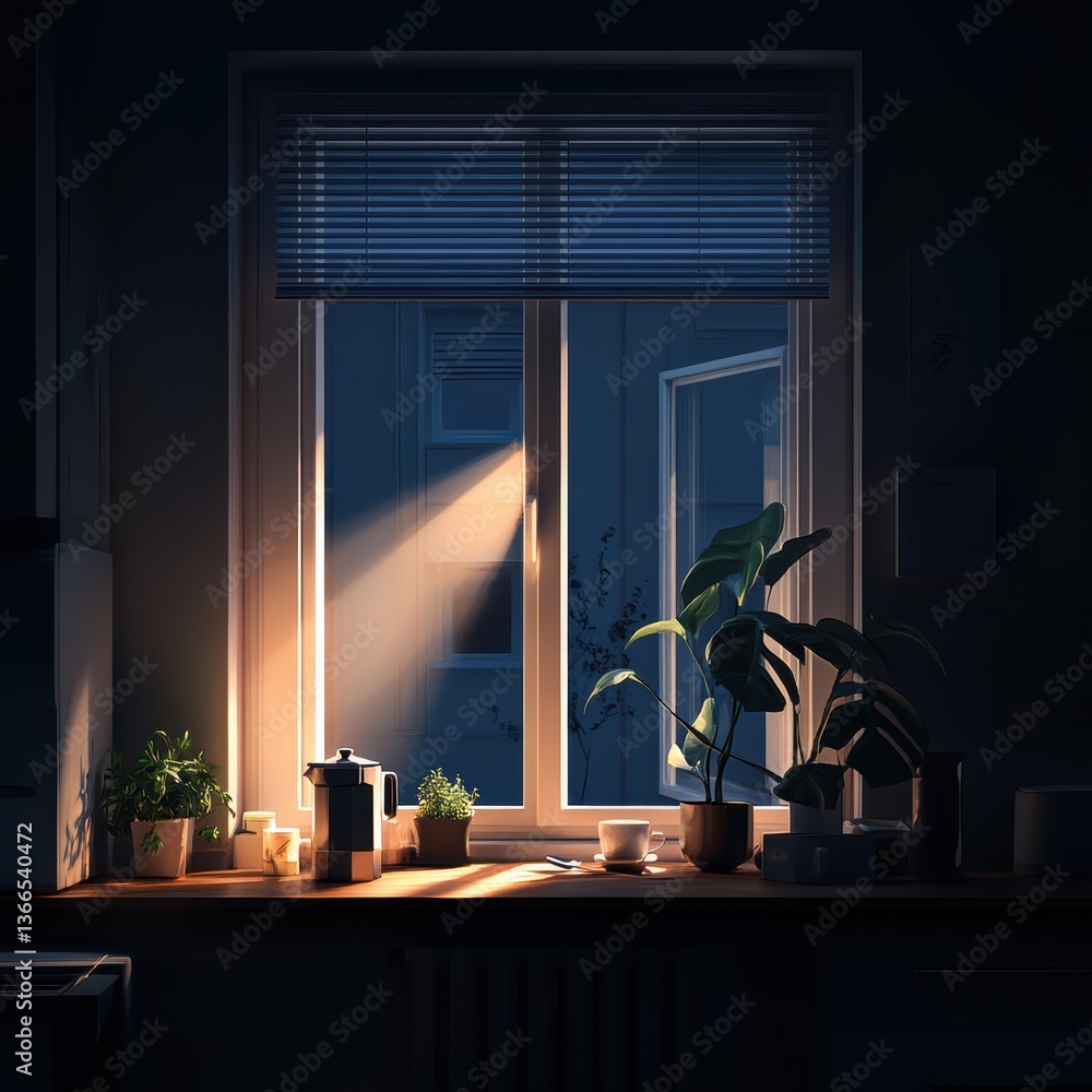 Poster warm light streaming through an open window creates a serene, inviting atmosphere generative ai