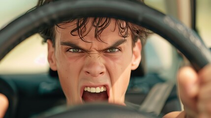 Frustrated young male driver vents his anger at fellow motorists during a congested traffic jam, showcasing road rage.